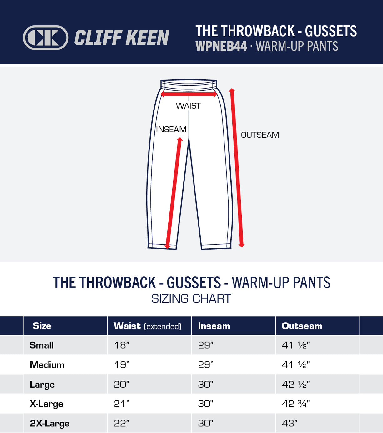 Sizing Chart - The Throwback Gusset Pant - Cliff Keen Wrestling